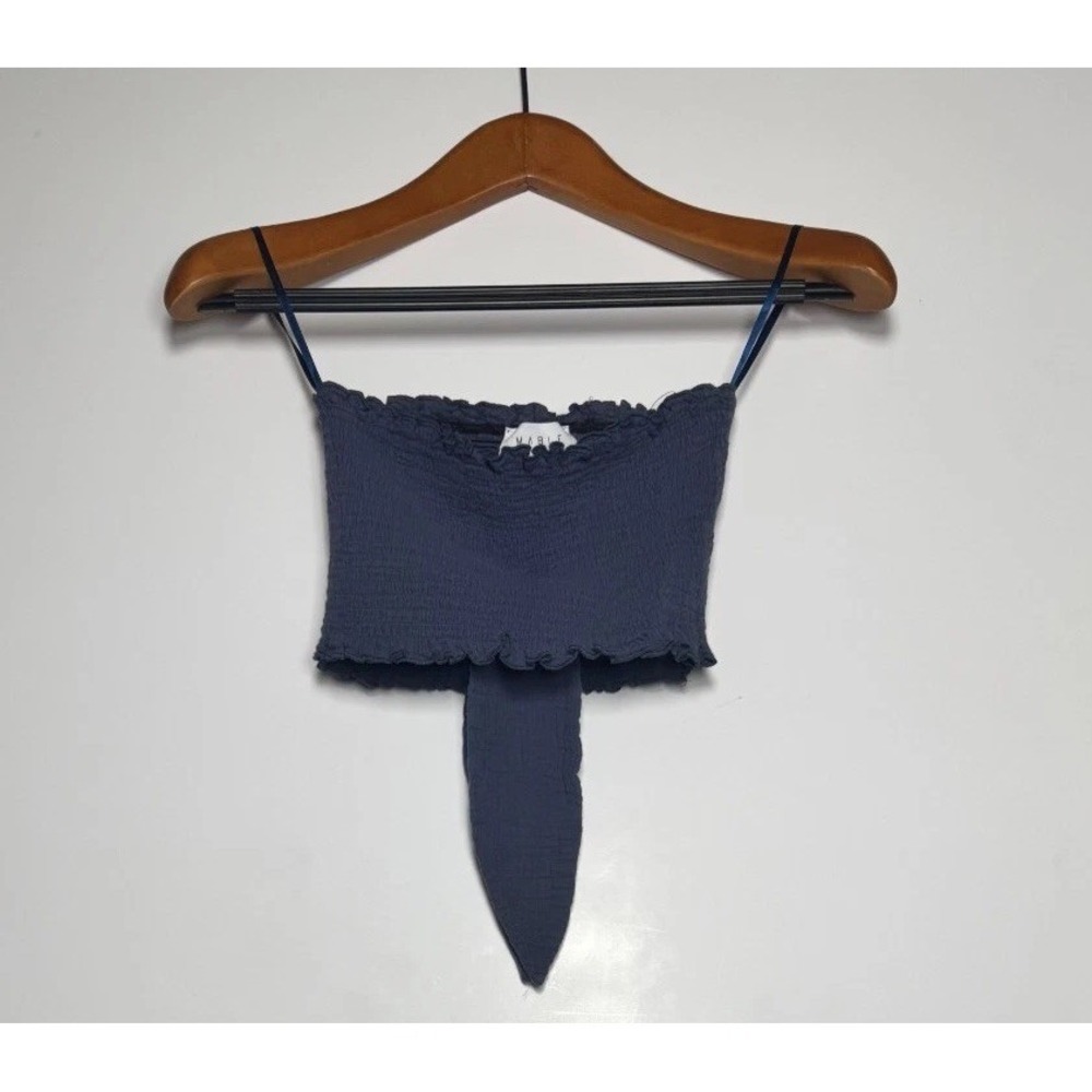 Mable Cami Tank Top Womens Small Blue Smocked Tie Front Spaghetti Straps Cropped